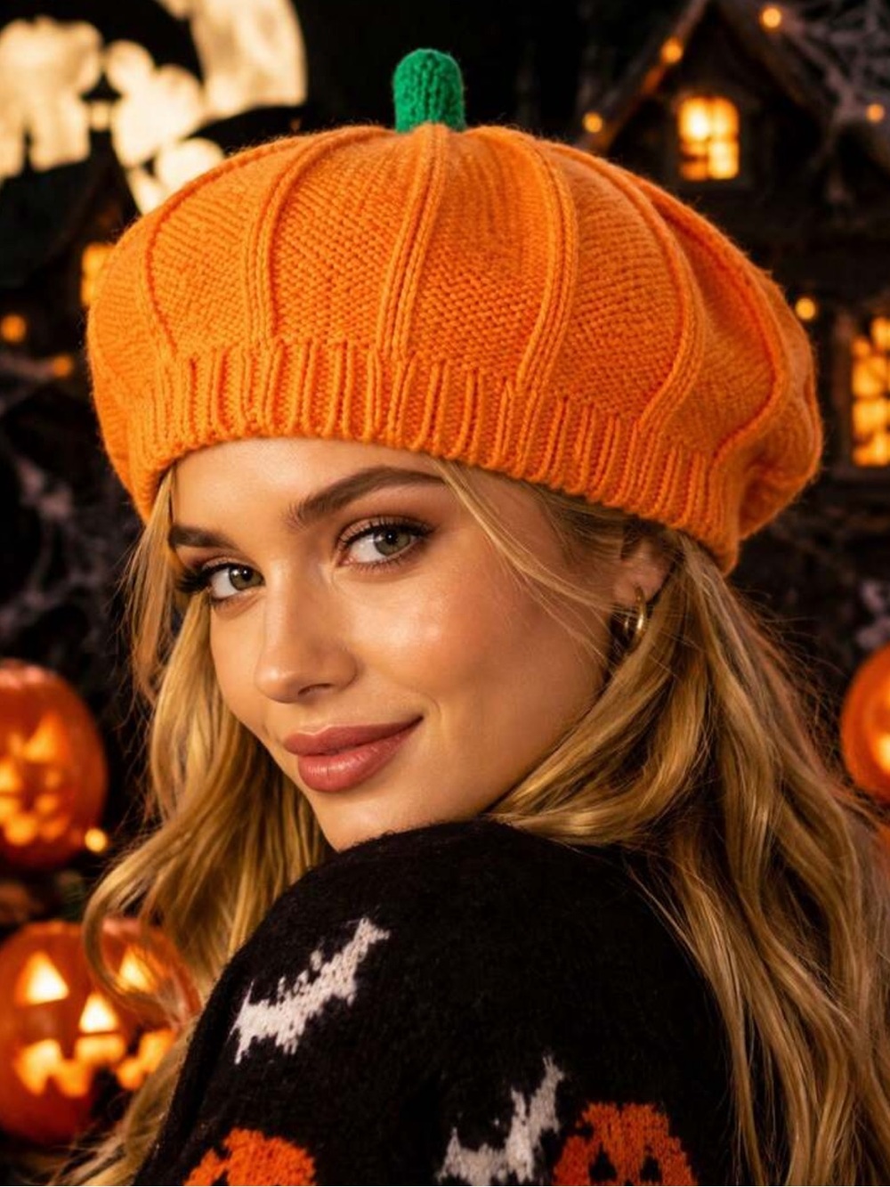 1pc Cute Halloween Pumpkin Hat Knitted Pumpkin Beanie For Women Soft Warm